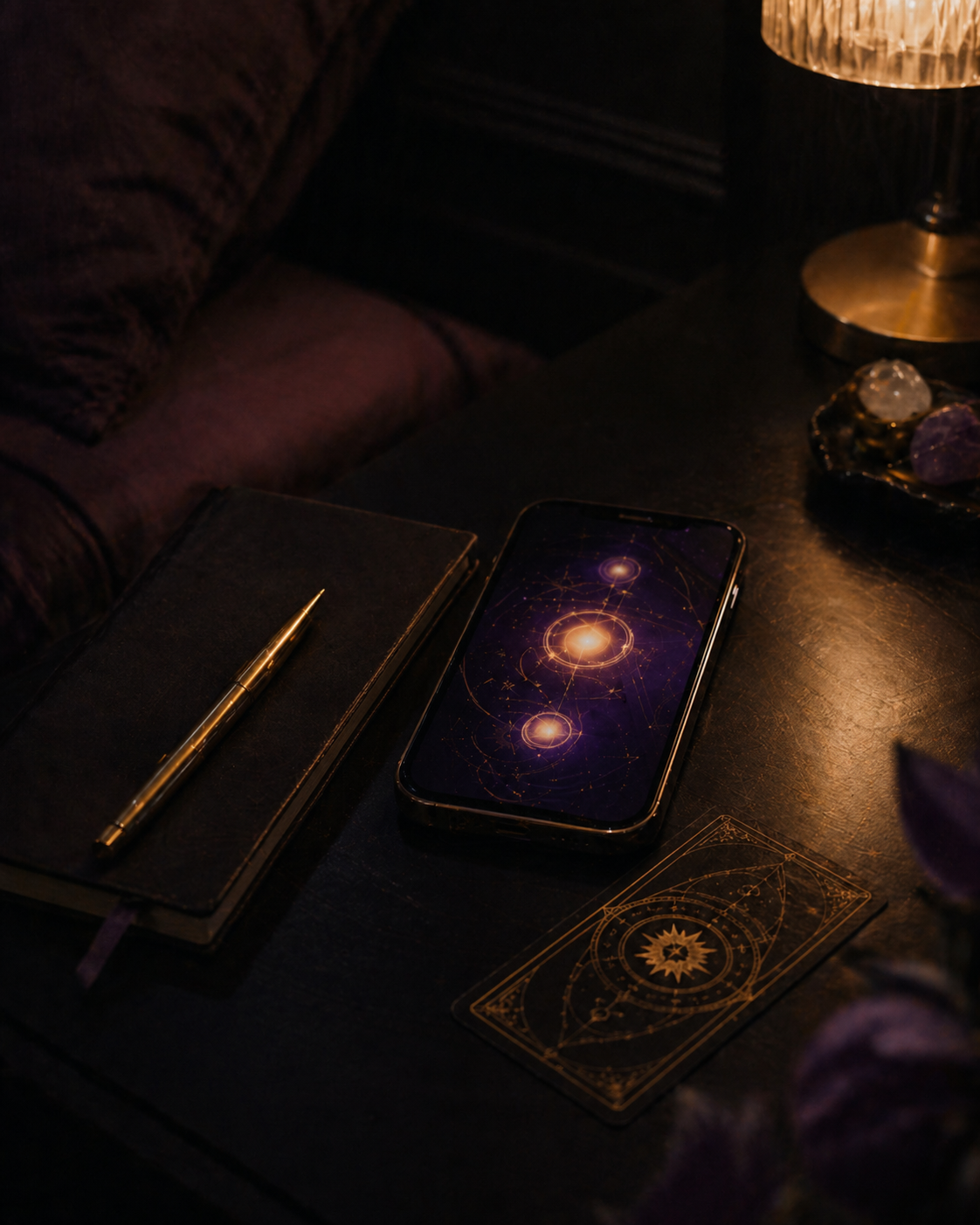 An Oracle report on a phone beside a notebook and an oracle card
