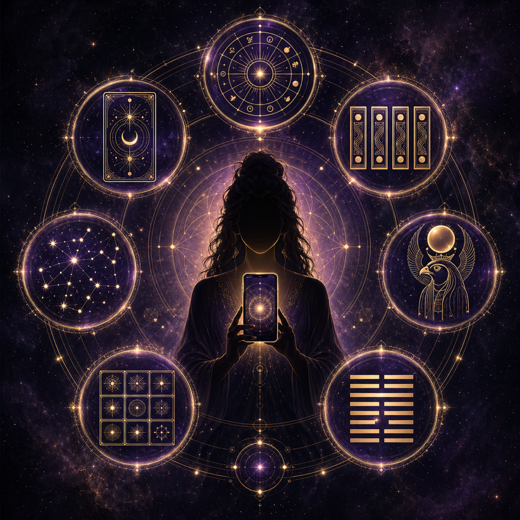A seeker surrounded by six divination systems and an AI oracle field