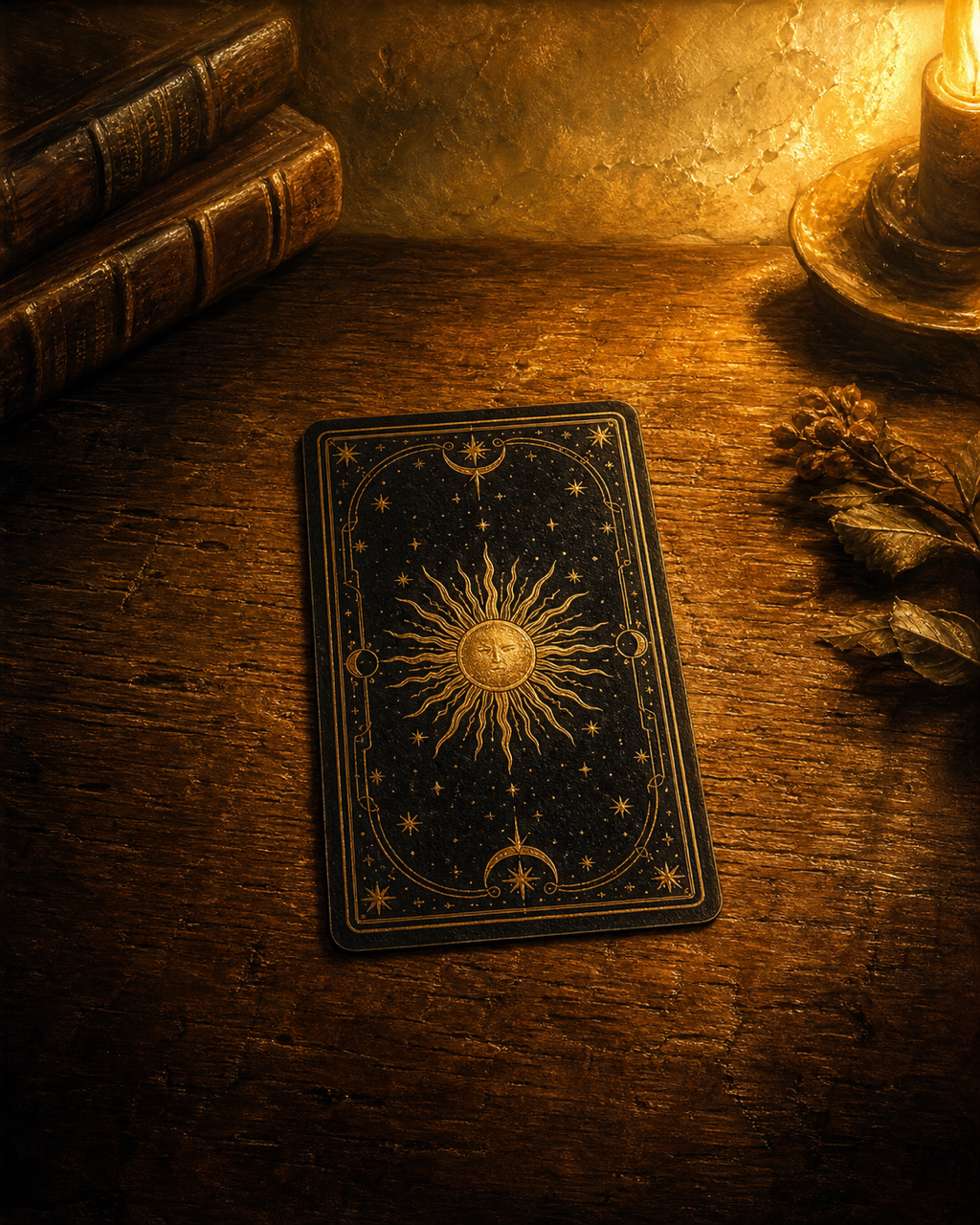 A candlelit hand drawing a face-down tarot card on a dark table